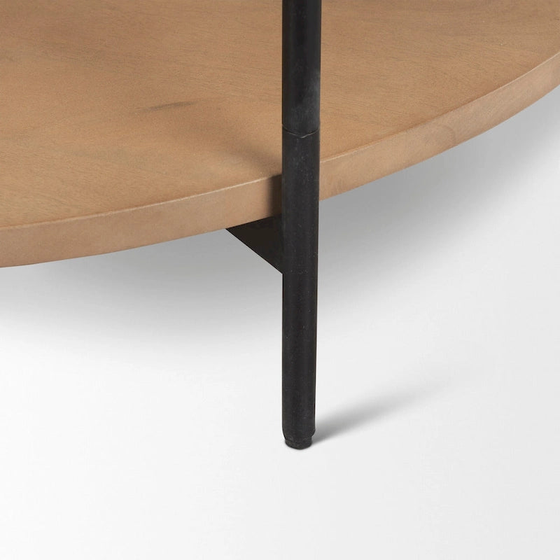 Runder Couchtisch Larkin mit doppelter Platte aus weißem Marmor und Massivholz