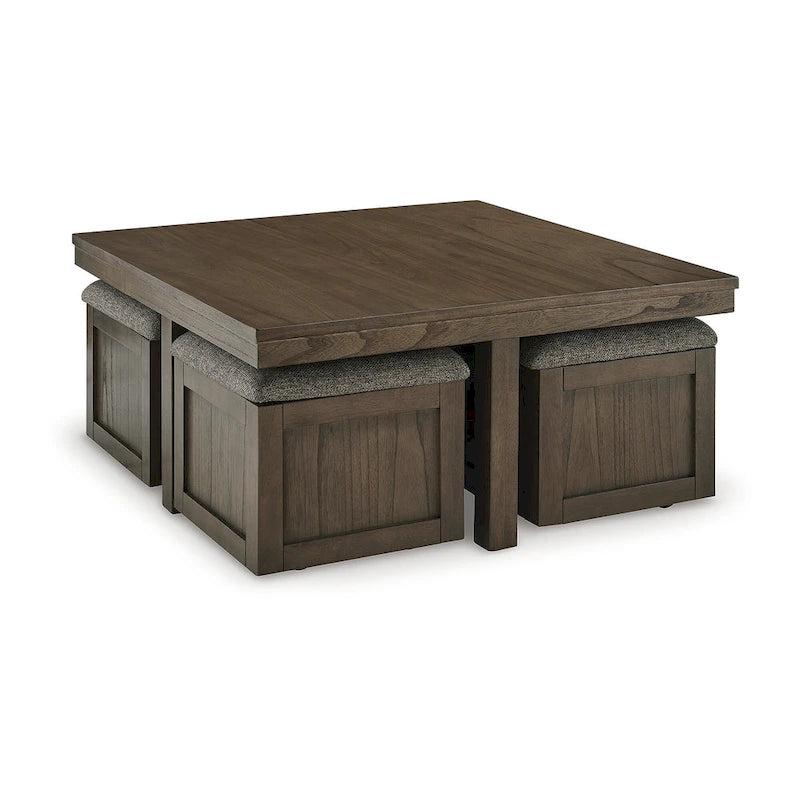 Signature Design by Ashley Couchtisch Boardernest, braun, mit 4 Hockern – 101,6 cm B x 101,6 cm T x 45,7 cm H