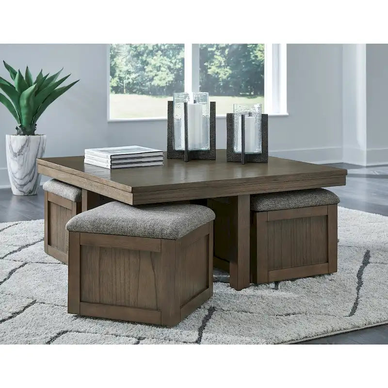 Signature Design by Ashley Couchtisch Boardernest, braun, mit 4 Hockern – 101,6 cm B x 101,6 cm T x 45,7 cm H