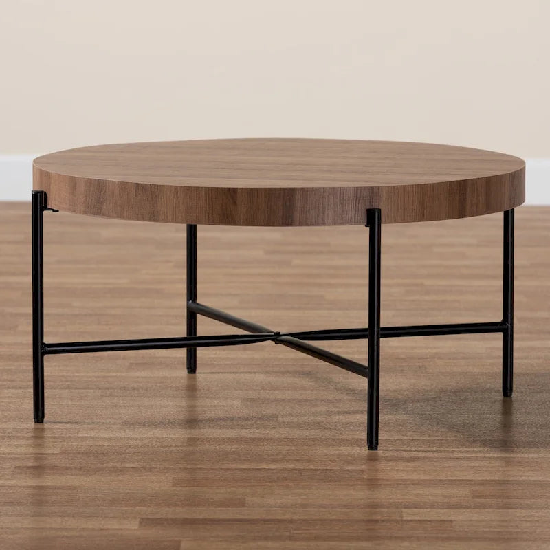 Umar Couchtisch aus Holz (Nussbaum Hellbraun Finish) und schwarzem Metall im Industriestil