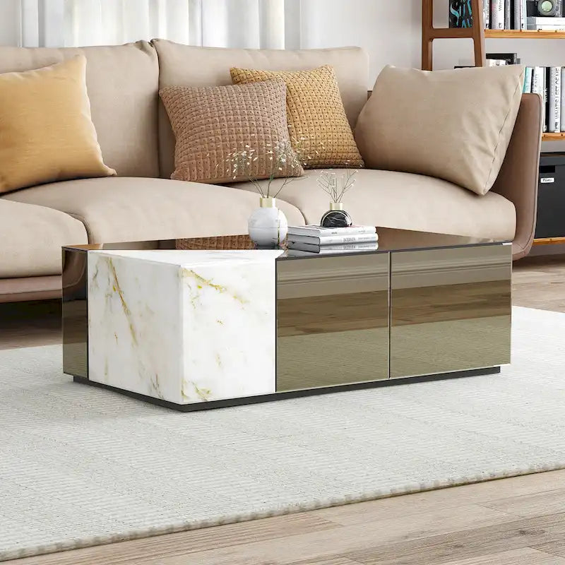 Verspiegelter Couchtisch mit einzigartigem Marmor-Patchwork-Design