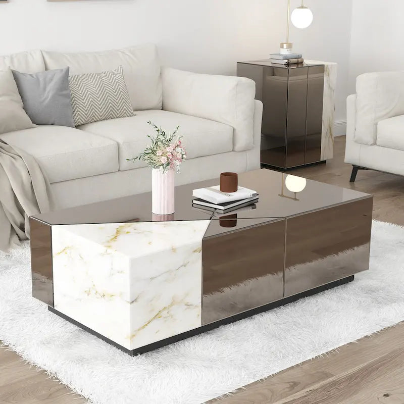 Verspiegelter Couchtisch mit einzigartigem Marmor-Patchwork-Design