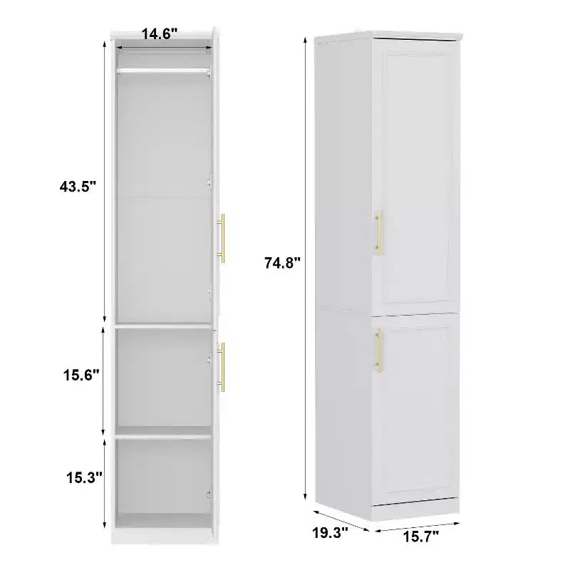 Famapy Luxe Weißer modularer Kleiderschrank mit goldener Hardware: Kassettentüren + gemischtes Türdesign Eleganter maßgeschneiderter Kleiderschrank für Schlafzimmer