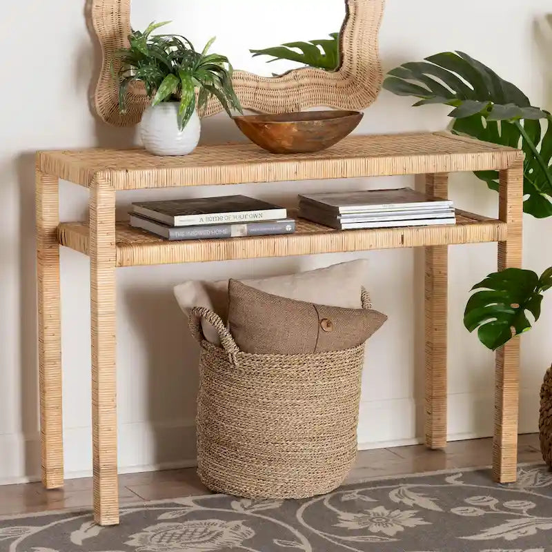 Kalimantan Bohemian Light Honey Konsolentisch aus Rattan und Akazienholz