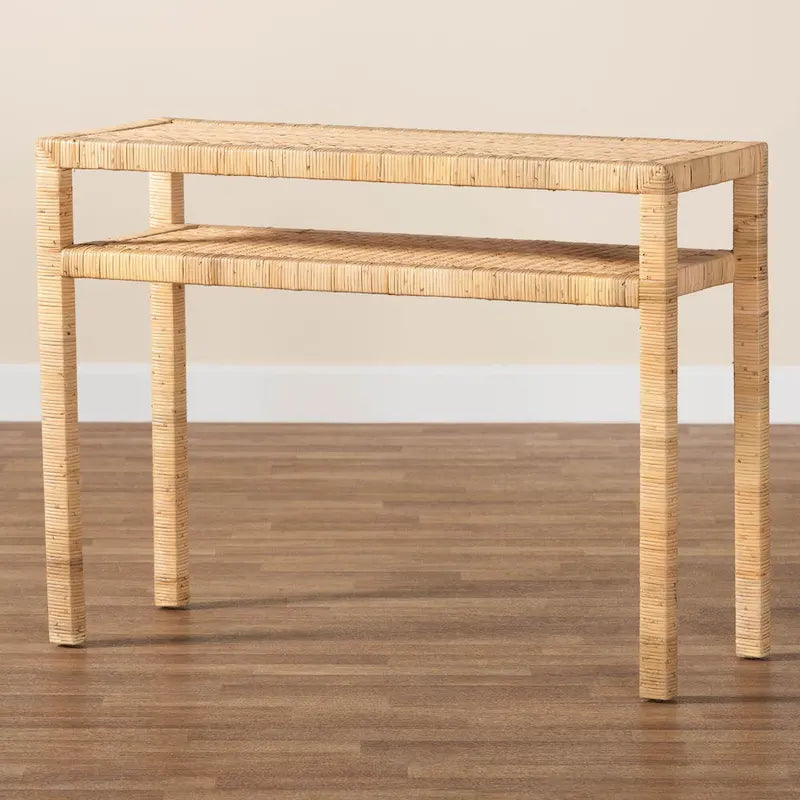 Kalimantan Bohemian Light Honey Konsolentisch aus Rattan und Akazienholz