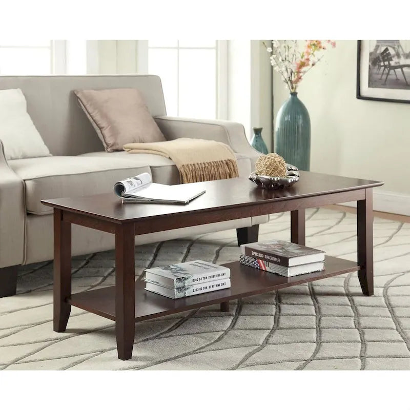 Couchtisch in Espresso-Holzmaserung mit Ablage – 43 x 122 x 43 cm