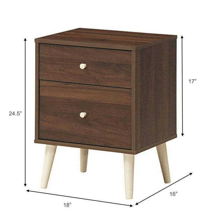Nachttisch mit 2 Schubladen und Gummifüßen – Walnuss – 18 x 16 x 24,5 (L x B x H)