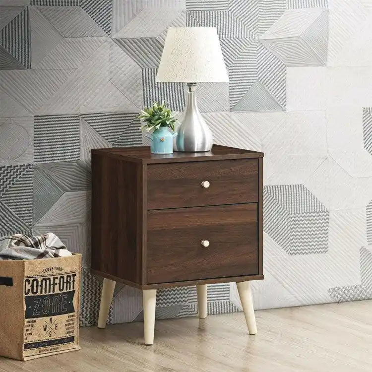 Nachttisch mit 2 Schubladen und Gummifüßen – Walnuss – 18 x 16 x 24,5 (L x B x H)