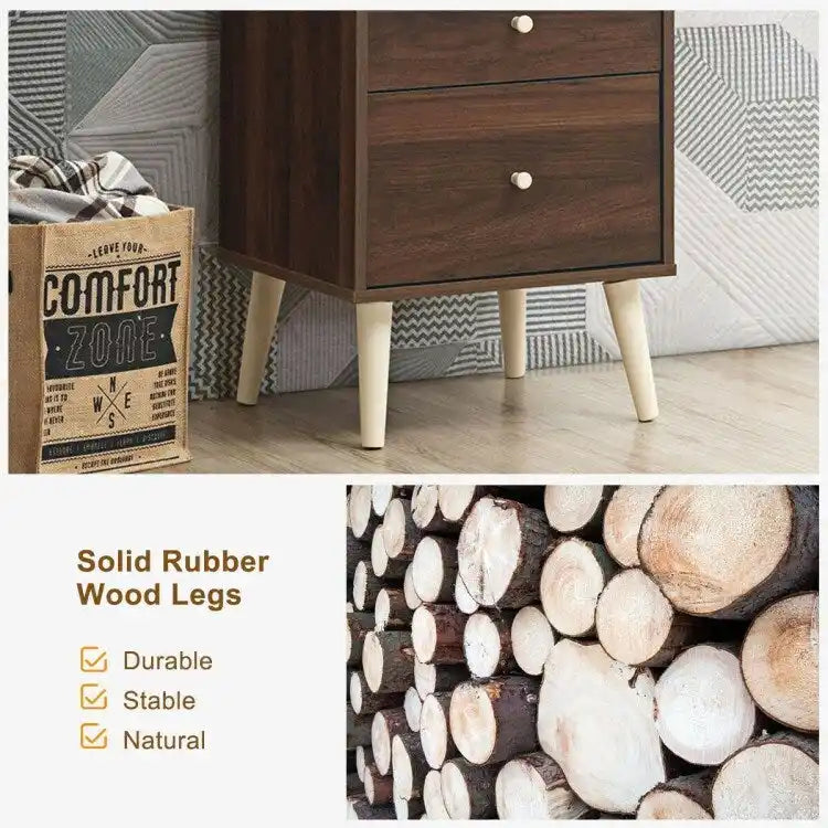 Nachttisch mit 2 Schubladen und Gummifüßen – Walnuss – 18 x 16 x 24,5 (L x B x H)