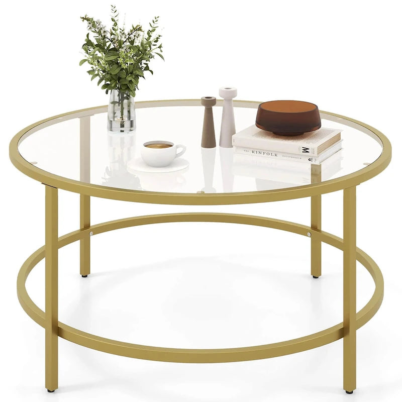Costway 36 Round Coffee Table Tempered Glass Tabletop Metal Frame - See Details