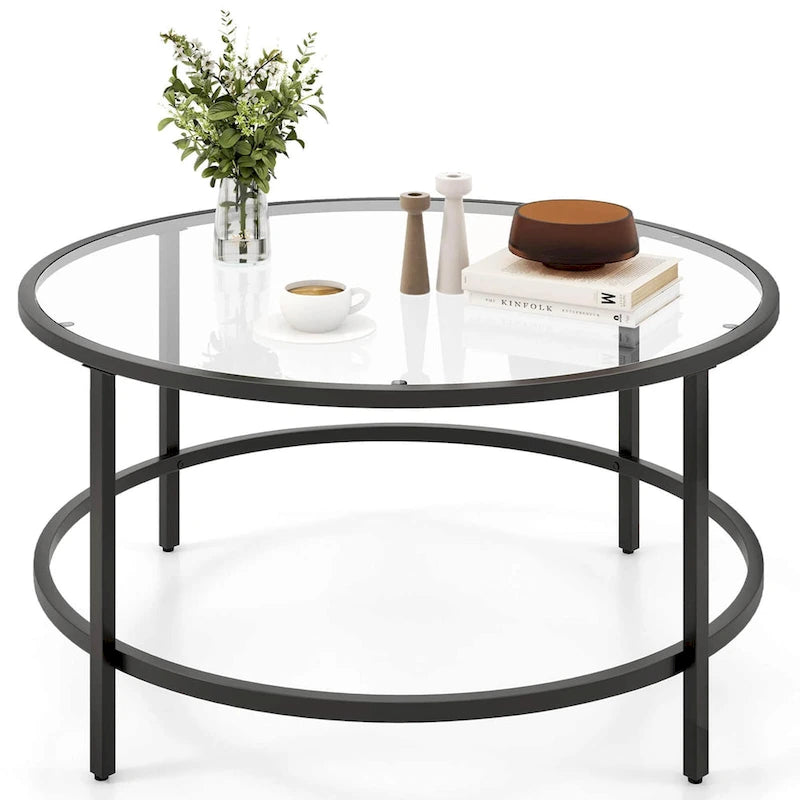 Costway Runder Couchtisch, 36 Zoll, gehärtete Glasplatte, Metallrahmen - Siehe Details