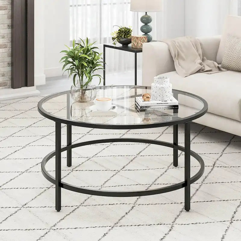 Costway Runder Couchtisch, 36 Zoll, gehärtete Glasplatte, Metallrahmen - Siehe Details
