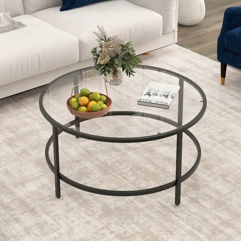 Costway Runder Couchtisch, 36 Zoll, gehärtete Glasplatte, Metallrahmen - Siehe Details