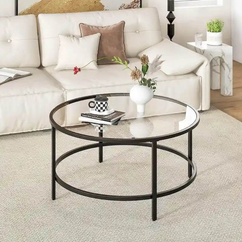 Costway Runder Couchtisch, 36 Zoll, gehärtete Glasplatte, Metallrahmen - Siehe Details