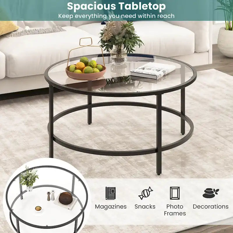 Costway Runder Couchtisch, 36 Zoll, gehärtete Glasplatte, Metallrahmen - Siehe Details