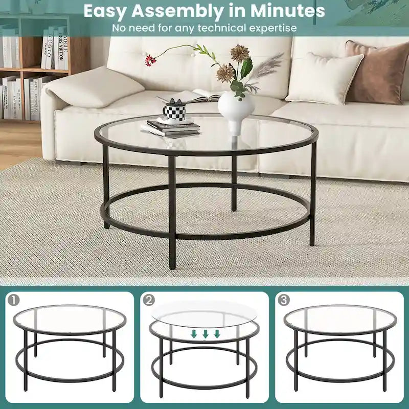 Costway Runder Couchtisch, 36 Zoll, gehärtete Glasplatte, Metallrahmen - Siehe Details
