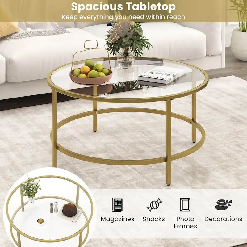 Costway Runder Couchtisch, 36 Zoll, gehärtete Glasplatte, Metallrahmen - Siehe Details