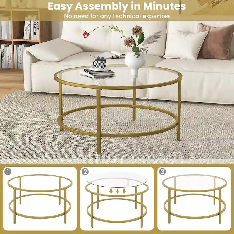 Costway Runder Couchtisch, 36 Zoll, gehärtete Glasplatte, Metallrahmen - Siehe Details