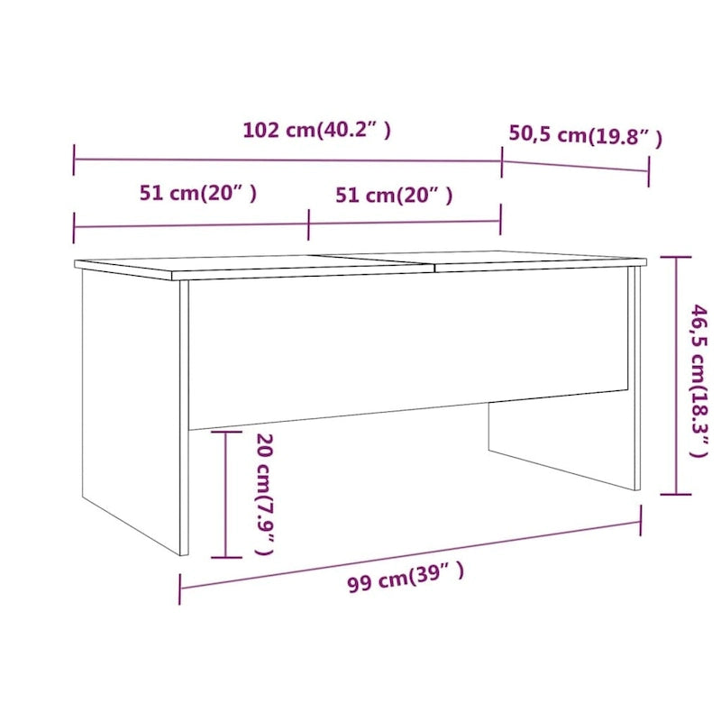 vidaXL Couchtisch mit hochklappbarer Tischplatte Beistelltisch Akzent Sofatisch Holzwerkstoff - 102 x 50,5 x 46,5 cm