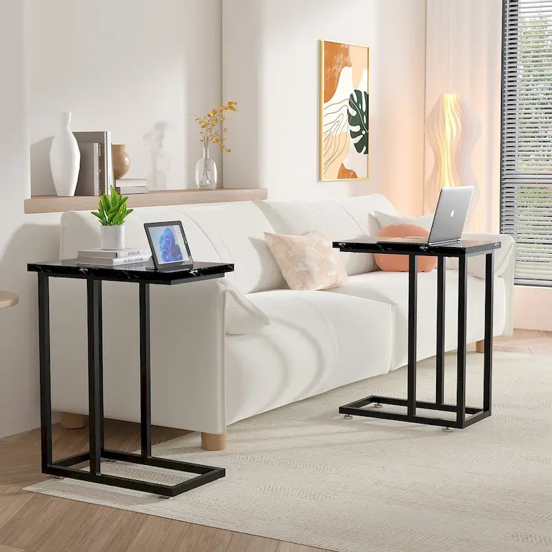 VECELO C-förmiger Beistelltisch Kleiner Sofatisch C-förmiger Ablagetisch Nachttisch mit Metallrahmen 2er-Set