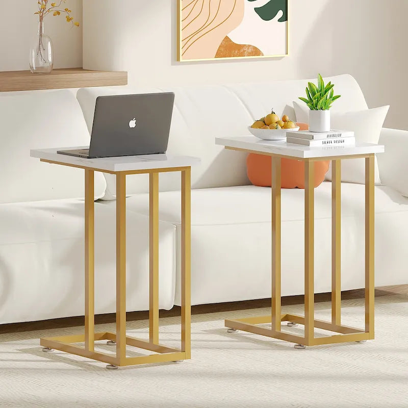 VECELO C-förmiger Beistelltisch Kleiner Sofatisch C-förmiger Ablagetisch Nachttisch mit Metallrahmen 2er-Set