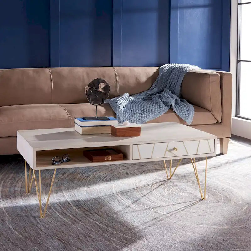 SAFAVIEH Nilgun Couchtisch für Wohnzimmer, 1 Schublade, 1 Ablage – 43 B x 21,6 T x 16 H – 43Bx22Tx16H