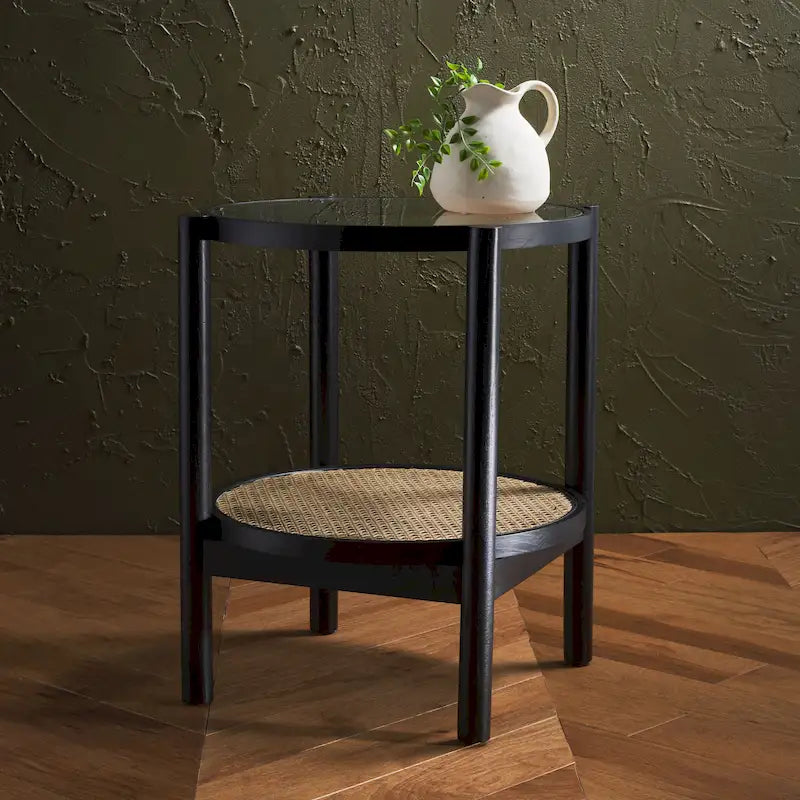 SAFAVIEH Couture Beistelltisch Alberdine aus Rattan/Glas – 58 cm B x 58 cm T x 61 cm H – 58B x 58T x 61H