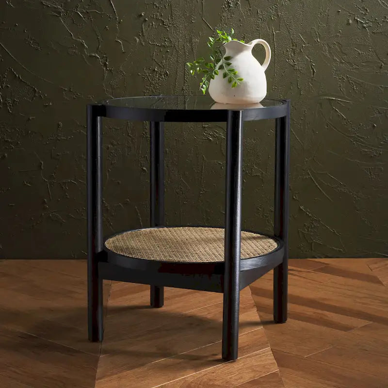 SAFAVIEH Couture Beistelltisch Alberdine aus Rattan/Glas – 58 cm B x 58 cm T x 61 cm H – 58B x 58T x 61H