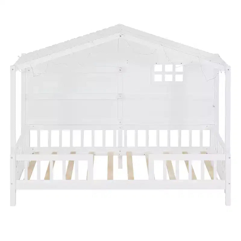 Hausbett in Twin-Größe mit Ablageregalen und Rausfallschutz, Montessori-Bettrahmen aus Holz für Kinder mit Fenster und glitzerndem Lichtband