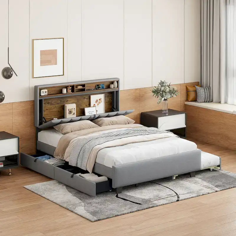 Gepolstertes Plattformbett mit Stauraumkopfteil