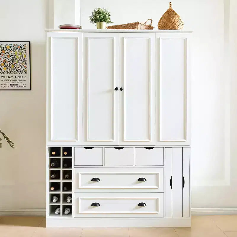 Whisen 180 cm hohe freistehende Küchenpantry, großer Esszimmer-Vorrratsschrank, Anrichte mit 4 faltbaren Türen, Einlegeböden, Weinregalen