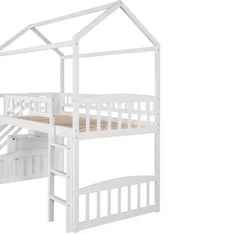 Doppelhaus-Hochbett mit Rutsche und Treppe, Hochbett mit Aufbewahrungsschubladen, Holzhaus-Hochbett für Kinder und Kleinkinder