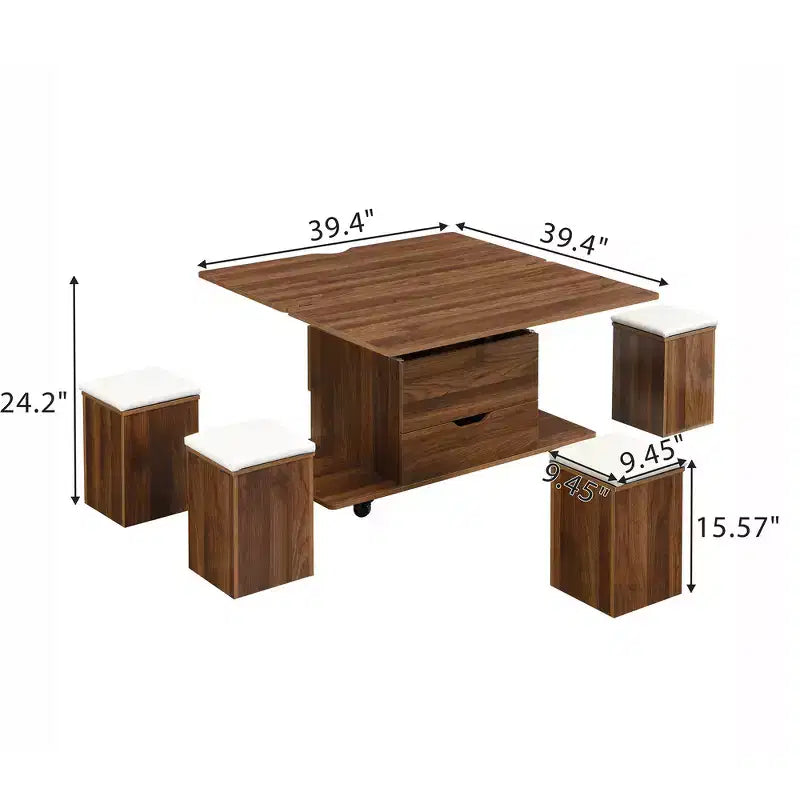 Multifunktionaler moderner Couchtisch mit Hebefunktion, verstecktem Stauraum, 4 Hockern und Rollen, perfekt für moderne Wohnbereiche