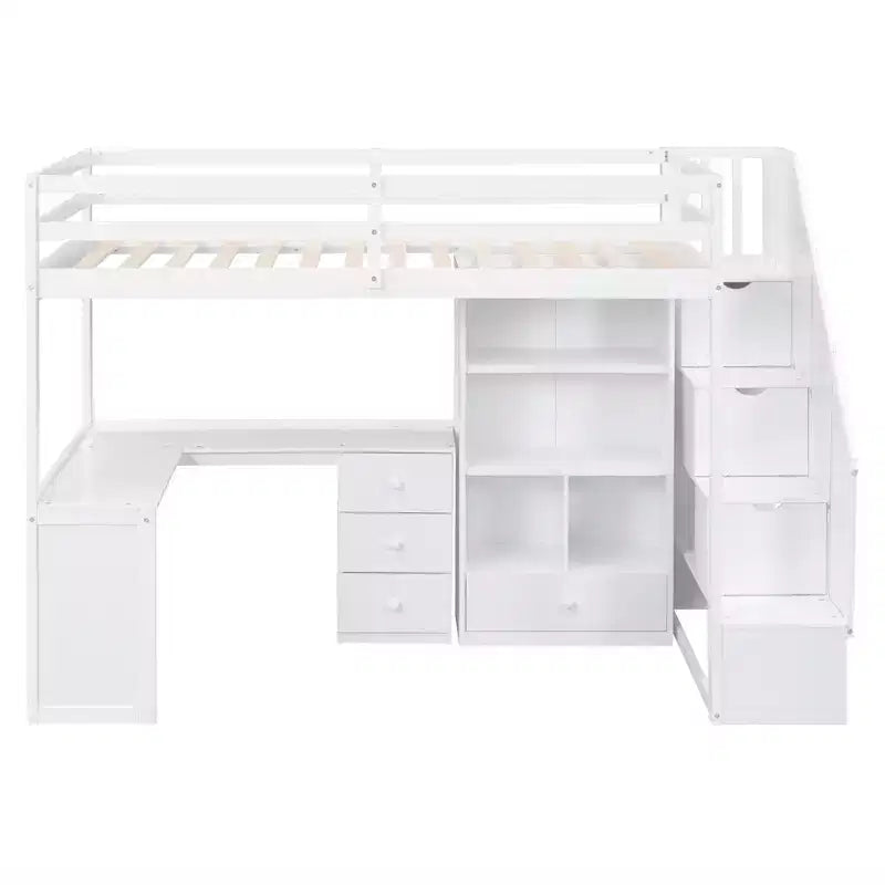 Hochbett in Twin-Größe mit L-förmigem Schreibtisch, 3 Schubladen, Schrank, Treppenstauraum, aus massivem Kiefernholz/MDF gefertigt