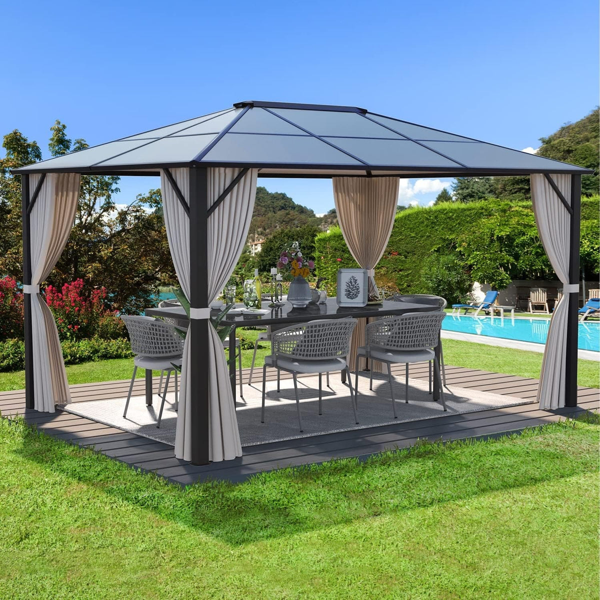 EROMMY Hardtop-Pavillon, Outdoor-Pergola mit Doppeldach & Netzen & Vorhängen, Hochleistungs-Canopy für Terrasse, Garten, Poolparty
