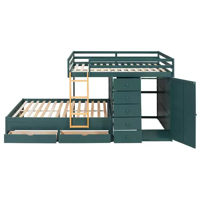 Etagenbett „Full-over-Full“ mit Kleiderschrank und Schubladen, platzsparendes Etagenbett aus Holz in voller Größe mit Rausfallschutz für Apartment, Schlafzimmer