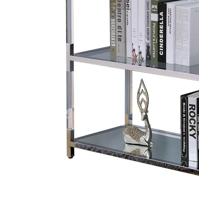 Metall- und Glas-Sofatisch mit 2 offenen Ablagen, Silber und Transparent