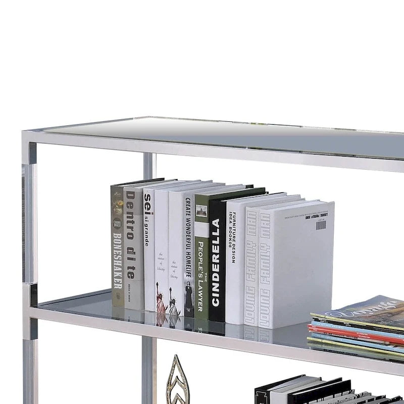 Metall- und Glas-Sofatisch mit 2 offenen Ablagen, Silber und Transparent