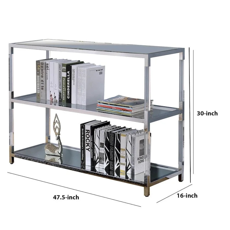 Metall- und Glas-Sofatisch mit 2 offenen Ablagen, Silber und Transparent