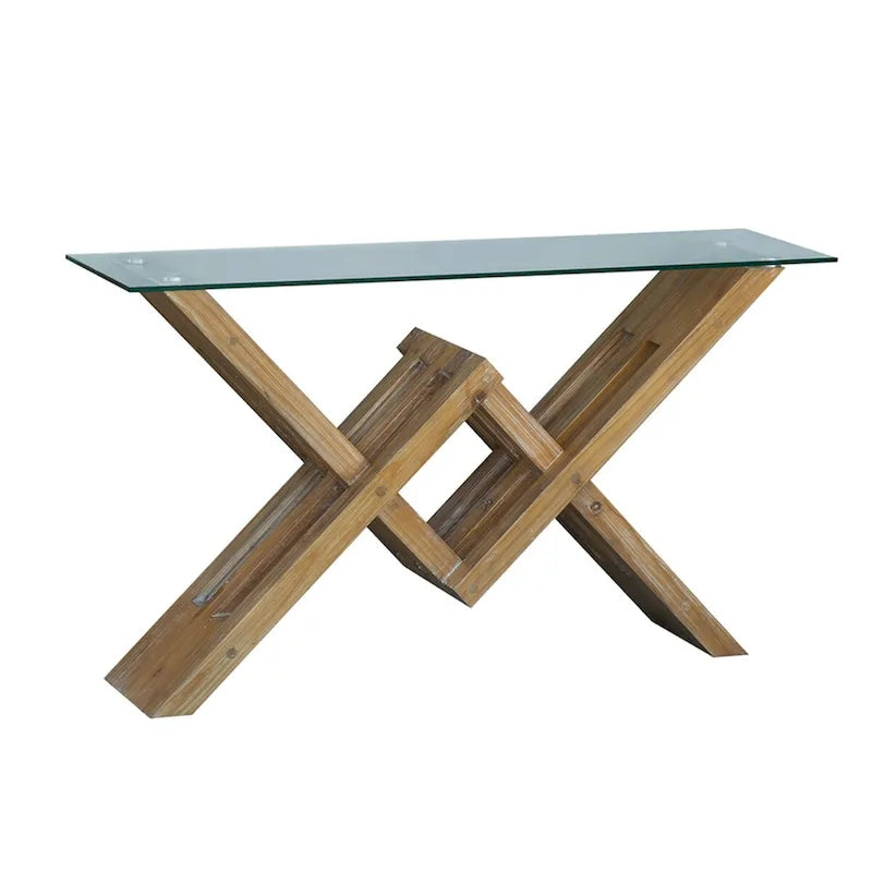 Konsolentisch aus poliertem Akazienholz mit Glasplatte – 58x16x34
