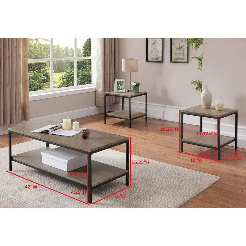 3-teiliges Beistelltisch-Set mit Couchtisch und 2 Beistelltischen aus Holz (grau)/Metall (schwarz)