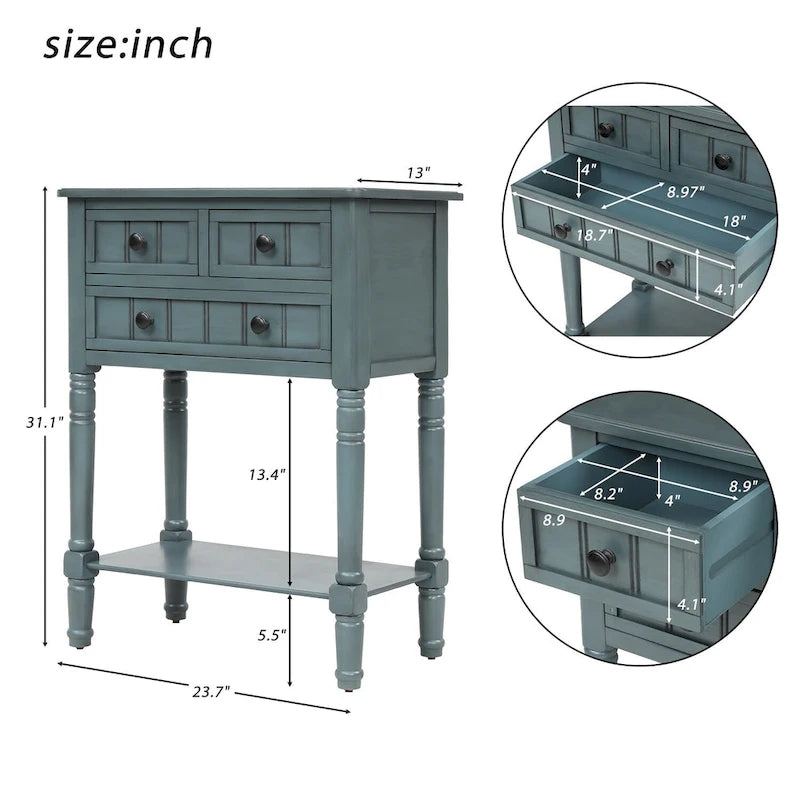Schmaler Konsolentisch, schmaler Sofatisch mit 3 Schubladen und unterem Regal