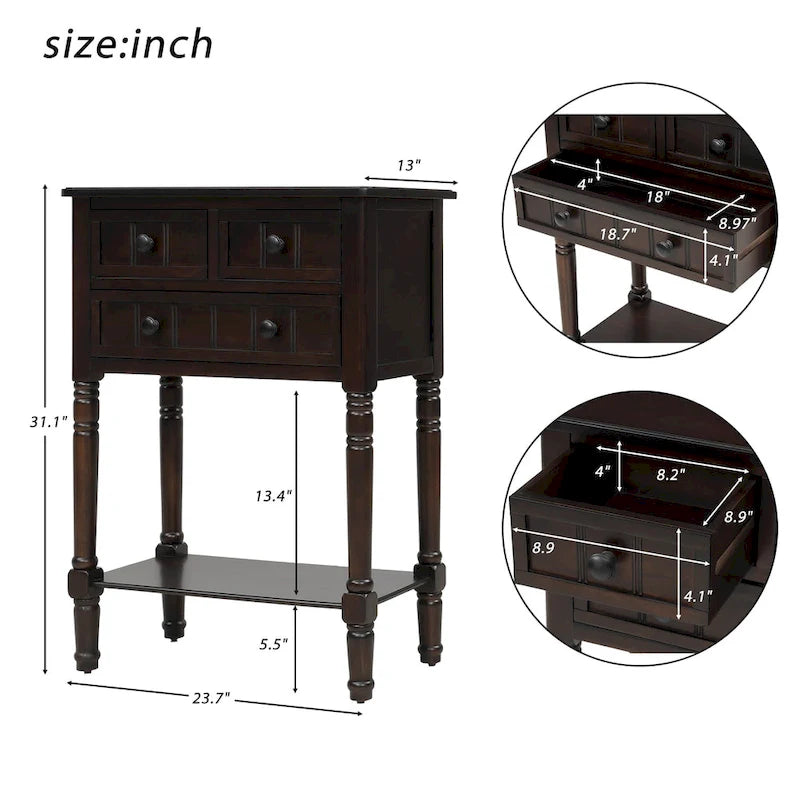 Schmaler Konsolentisch, schmaler Sofatisch mit 3 Schubladen und unterem Regal