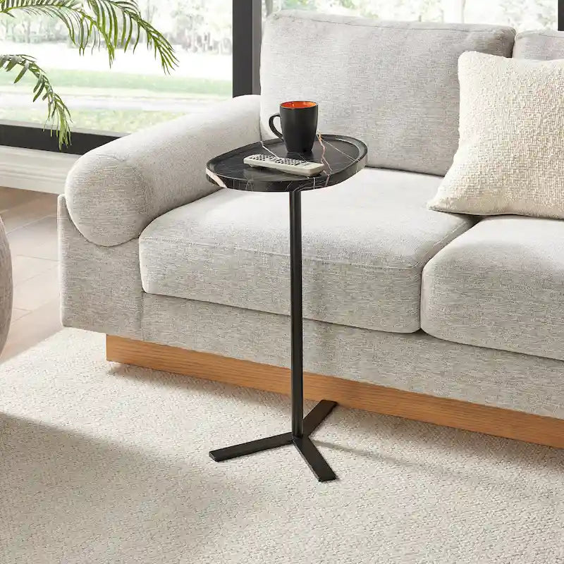 Carter Oval Teardrop Moderner Beistelltisch C-Tisch mit erhöhtem Rand und gekreuztem Y-förmigem Metallsockel für die Couch