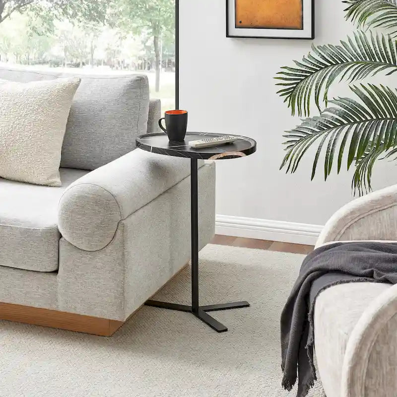 Carter Oval Teardrop Moderner Beistelltisch C-Tisch mit erhöhtem Rand und gekreuztem Y-förmigem Metallsockel für die Couch