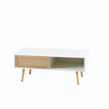Mieres Moderner Couchtisch, rechteckiger Holztisch mit Rattan-Geflecht und Massivholzbeinen