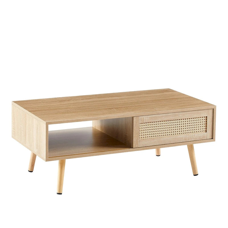Mieres Moderner Couchtisch, rechteckiger Holztisch mit Rattan-Geflecht und Massivholzbeinen