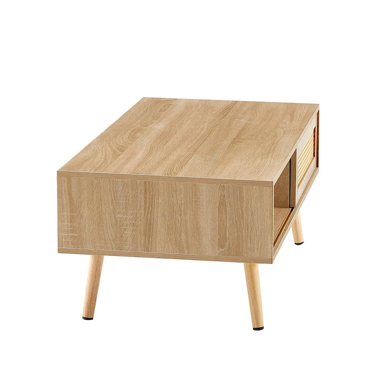 Mieres Moderner Couchtisch, rechteckiger Holztisch mit Rattan-Geflecht und Massivholzbeinen