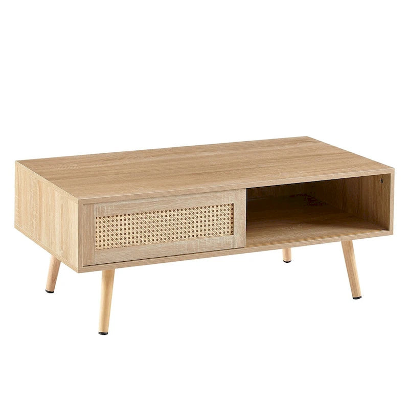 Mieres Moderner Couchtisch, rechteckiger Holztisch mit Rattan-Geflecht und Massivholzbeinen