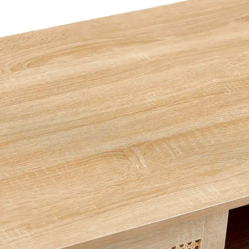 Mieres Moderner Couchtisch, rechteckiger Holztisch mit Rattan-Geflecht und Massivholzbeinen